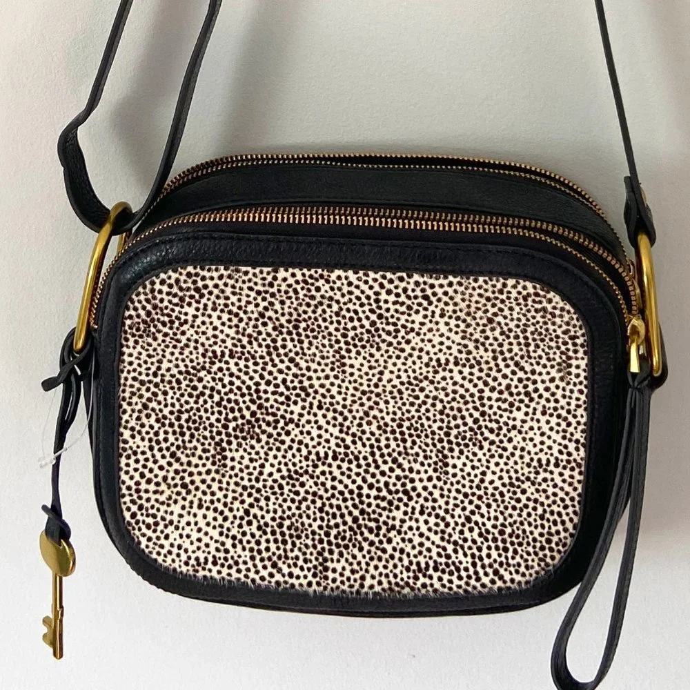 Fossil Black Elle Crossbody Bag Animal Print Cow Hide - Picture 1 of 11